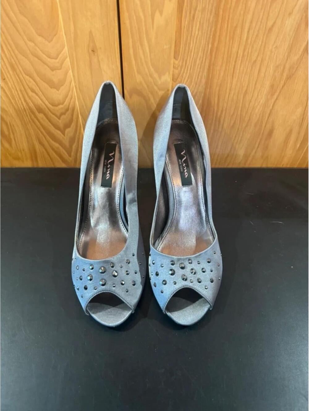 Nina New York Gray Satin Rhinestone Peep Toe Heels Pumps Women’s Shoes